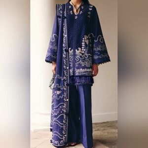 Suffuse By Sana Yasir‎ Navy Blue Salwar Kameez 4 Piece Set Sz Medium